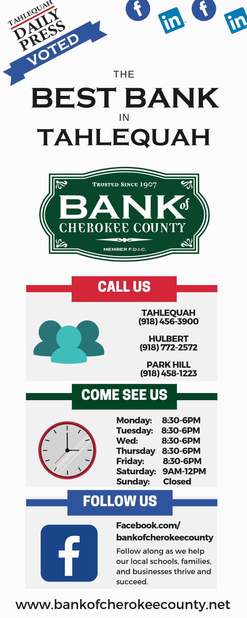 Best Banks in Tahlequah Infographic. Bank Of Cherokee County recently voted the best bank in Tahlequah by the Tahlequah Daily Press.